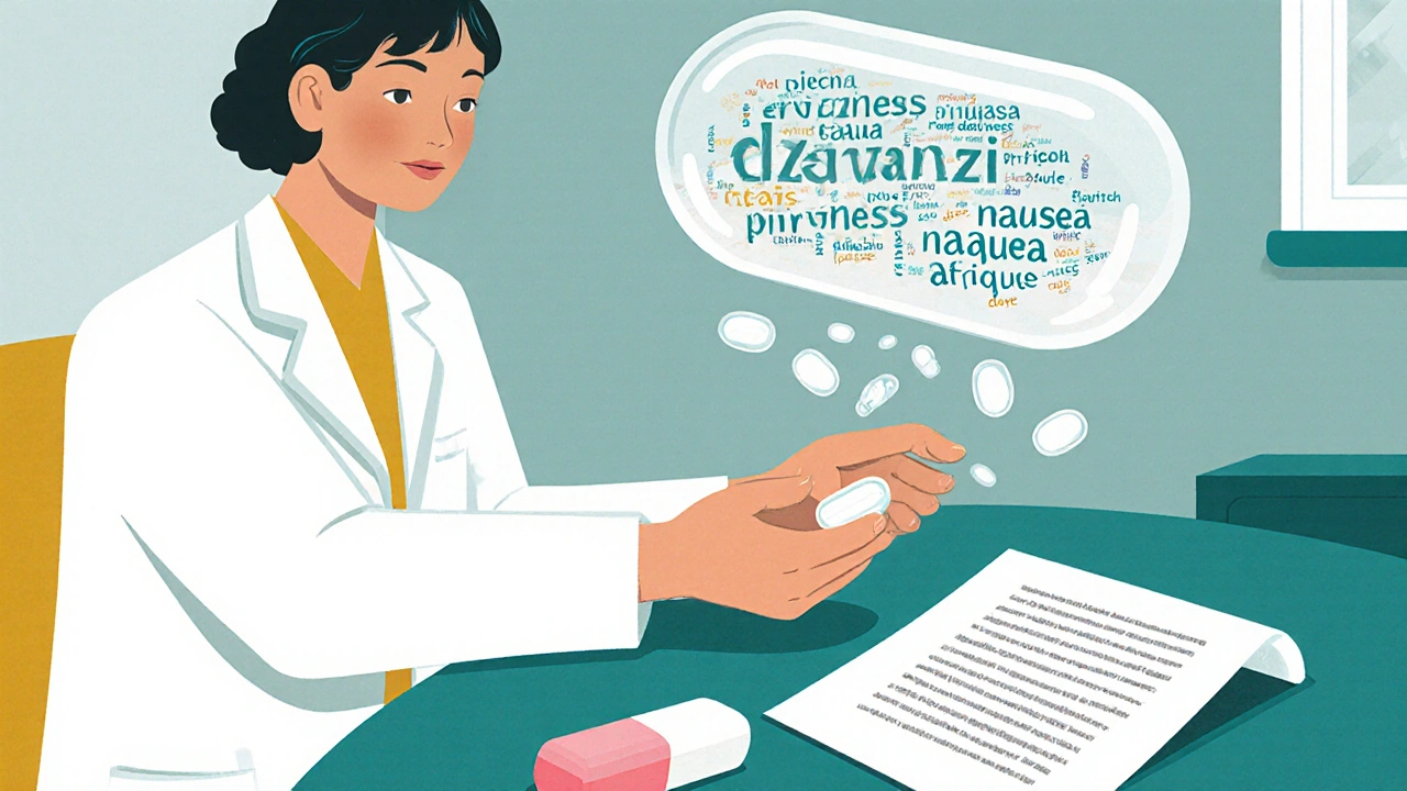 A doctor gives a pill to a patient while negative words float into their body from a transparent pill