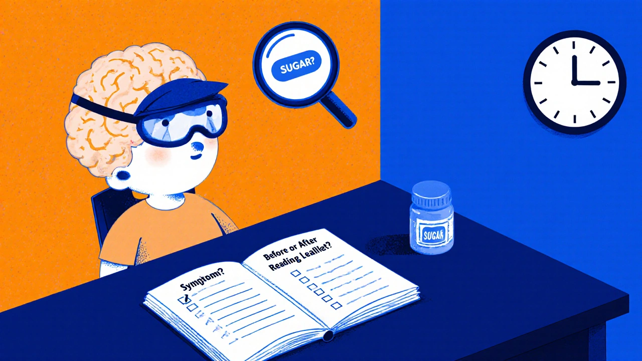 A patient journals symptoms as a detective brain examines a sugar pill under a magnifying glass