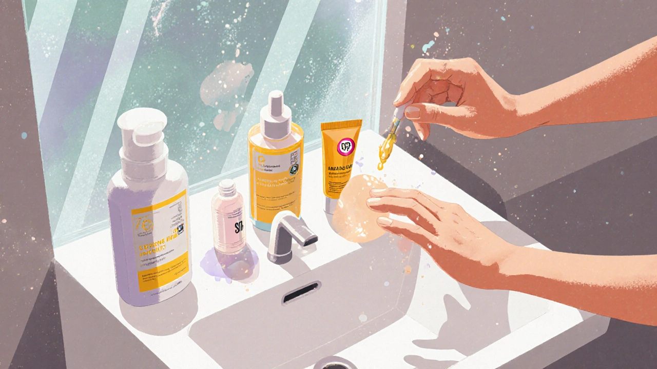 Bathroom scene with cleanser, vitamin C serum, azelaic acid, and sunscreen arranged for a morning routine.