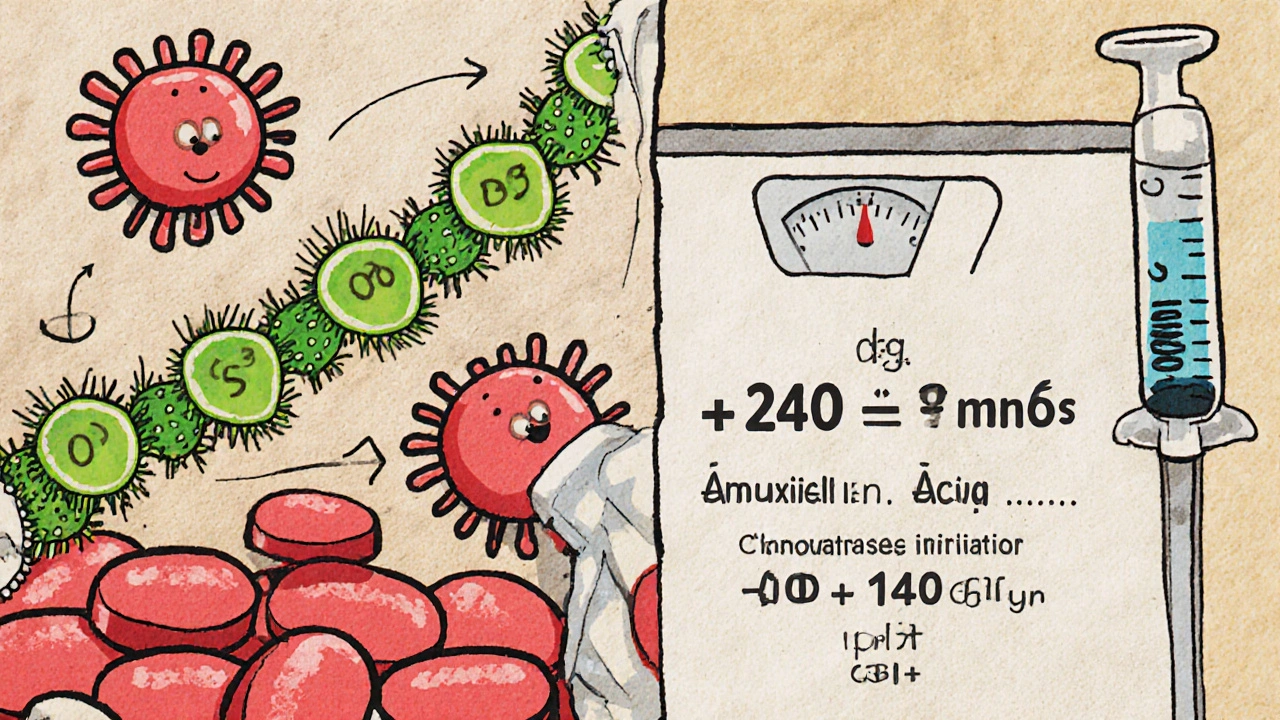 Cartoon bacteria neutralized by clavulanic acid alongside a dosage calculation chart.