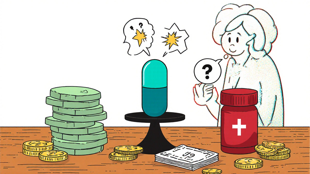 Cartoon comparison of three kidney‑stone remedies on a table with scales, coins, and a pondering patient.