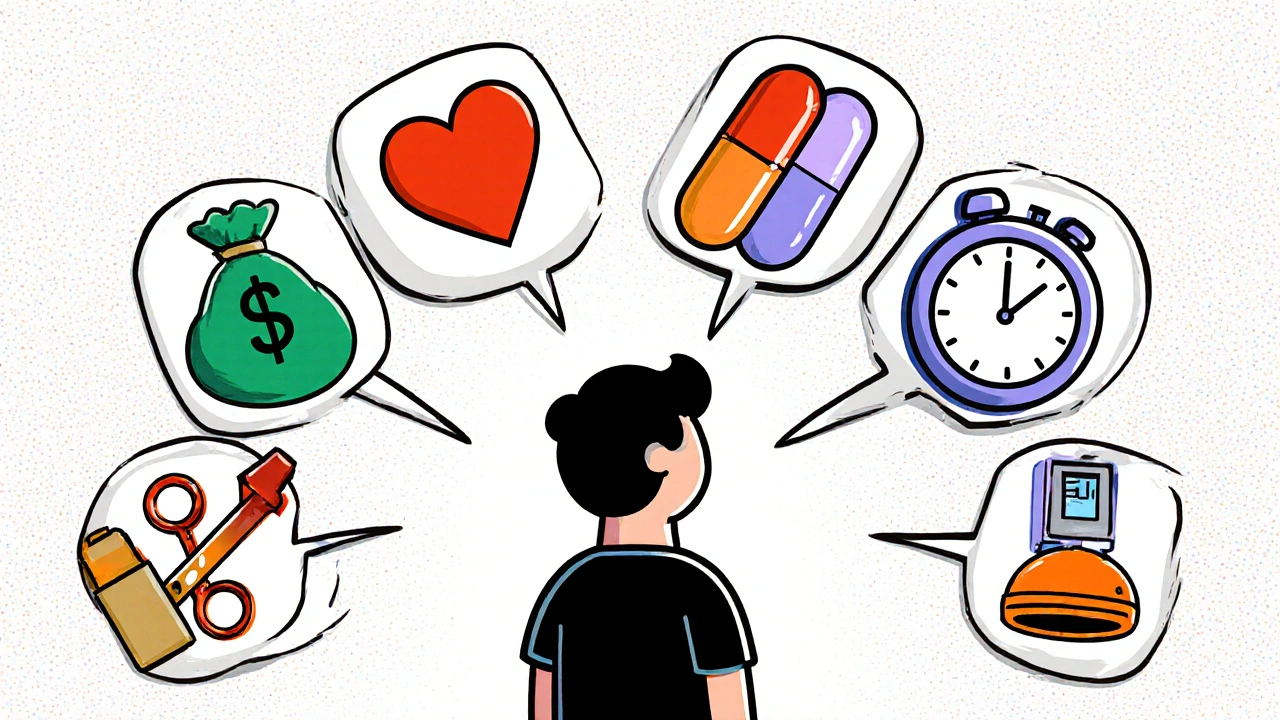 Cartoon figure weighing budget, safety, speed, and gender icons surrounded by treatment symbols.