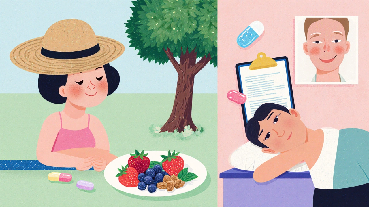 Collage of lifestyle elements like hat, healthy food, yoga, sleep, and a dermatologist with oral medication icons.