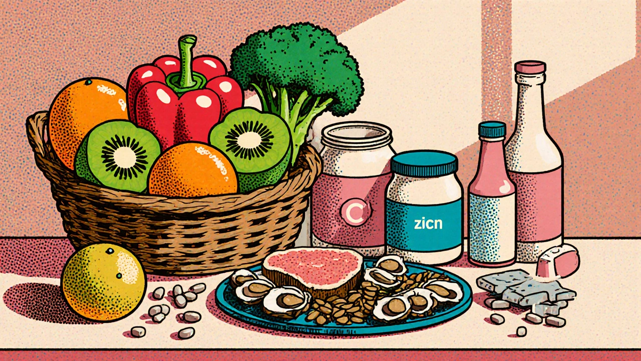 Colorful assortment of vitamin‑C fruits, zinc foods, probiotic items and supplements on a kitchen counter.