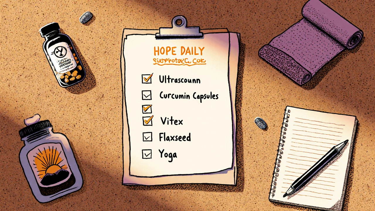 Corkboard checklist with ultrasound, supplements, yoga mat, and journal.