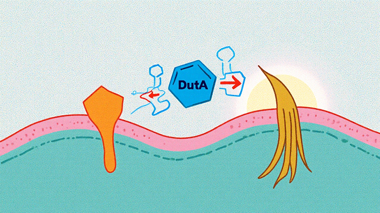 Cross‑section of a scalp follicle with dutasteride blocking enzymes and healthy versus shriveled hair strands.