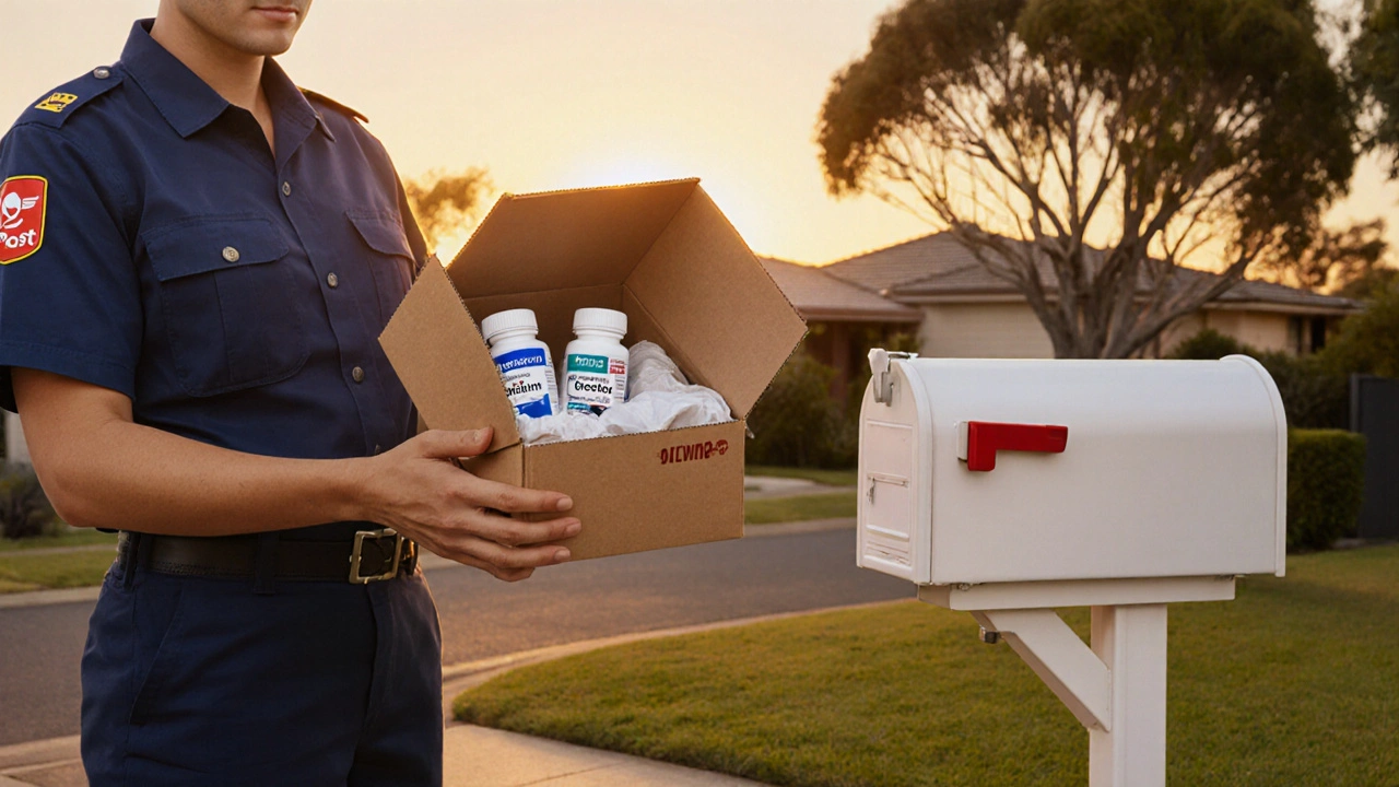 Delivery person hands a parcel with medication to an Australian homeowner.