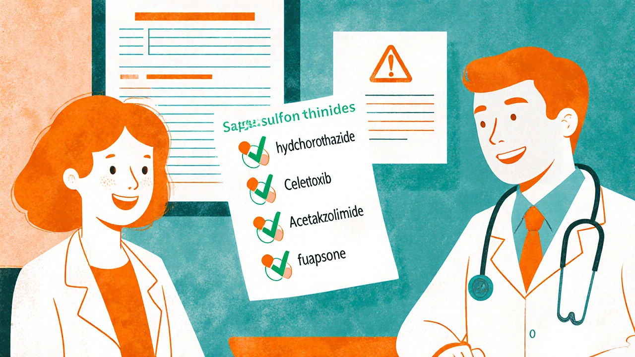 Doctor and patient discuss safe sulfonamide drugs, with a checklist and cautioned dapsone.