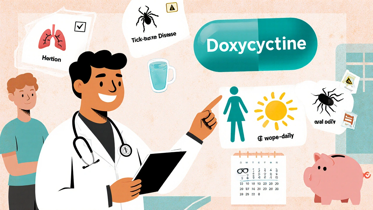 Doctor and patient with icons for infection types, doxycycline pill, water glass, and sun protection.