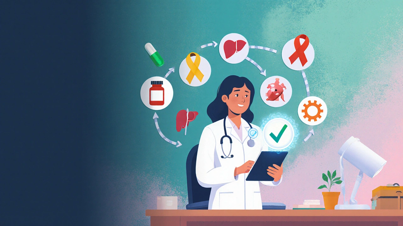 Doctor reviewing medication icons with interaction level ribbons in a clinic.