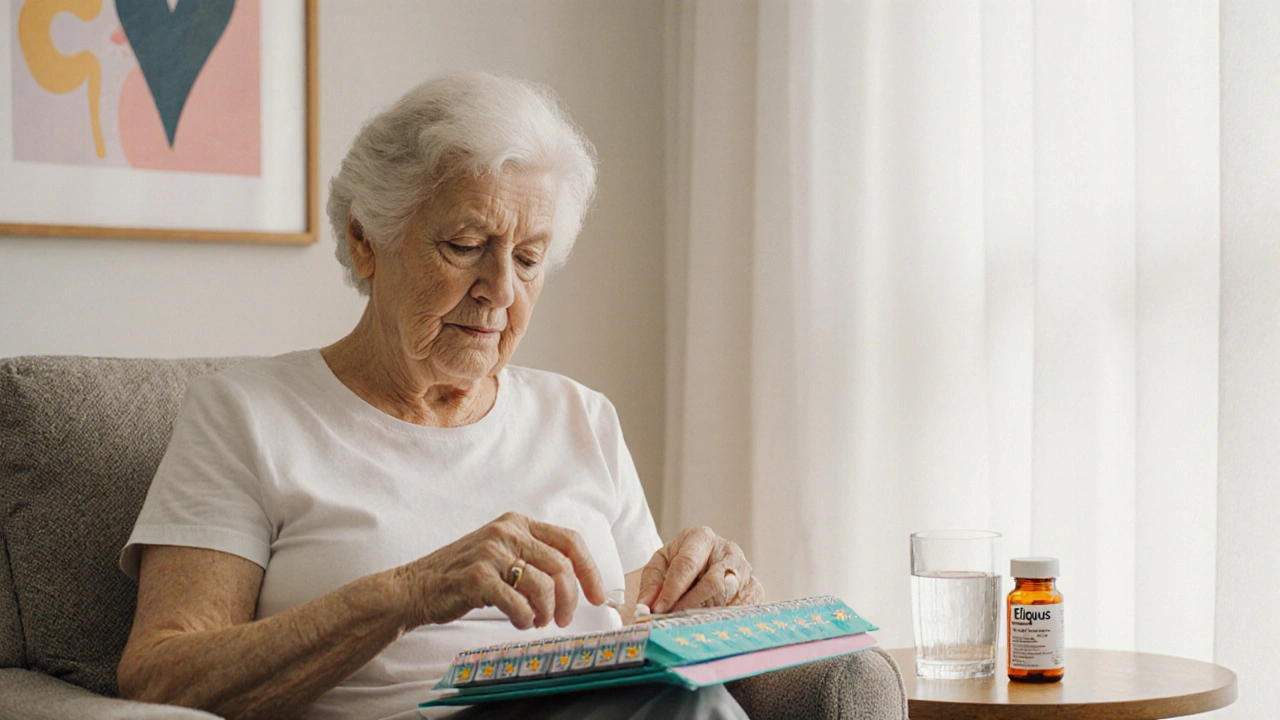 Elderly woman taking a pill from a weekly organizer in a bright living room.