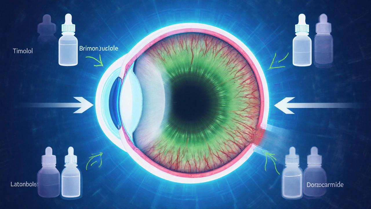 Eye cross‑section illustrating Brimonidine’s dual action and other drop silhouettes.
