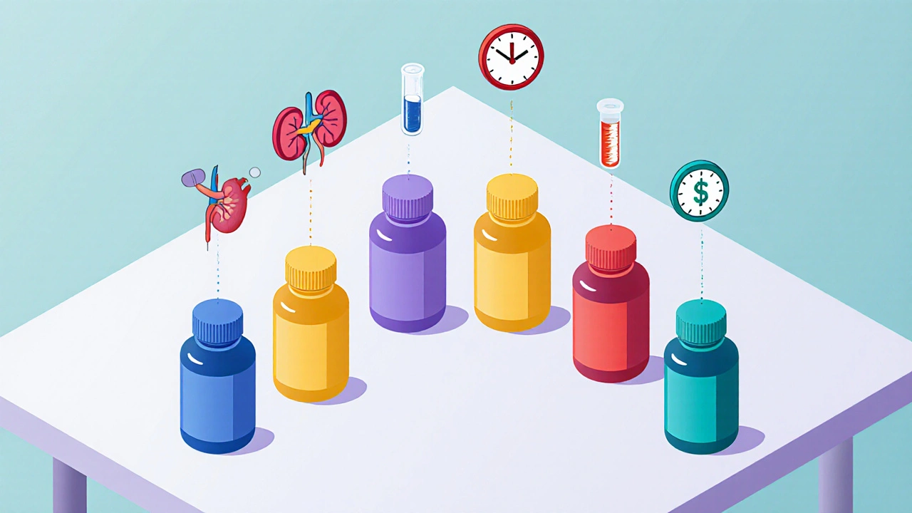 Five pill bottles with icons for kidney, dosing, monitoring, cost, and reversal arranged on a tabletop.