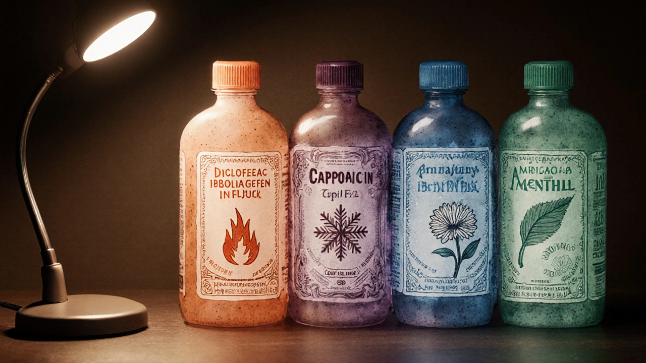 Five topical pain relief products shown as stylized pharmacy labels with symbolic icons