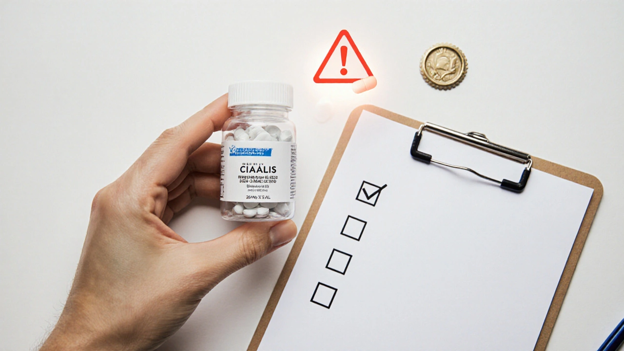 Hand checking a bottle of generic Cialis with a checklist and counterfeit warning.