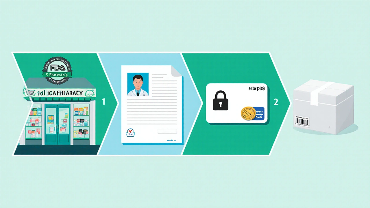 Illustrated flow of safe online pharmacy steps: license, prescription, payment, discreet packaging.
