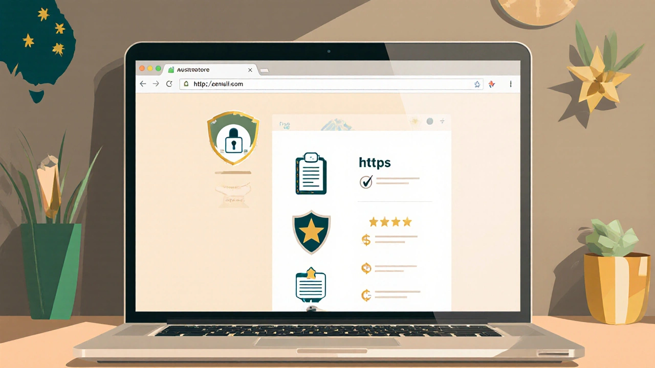 Illustrated laptop screen showing safety checklist icons for online pharmacy.