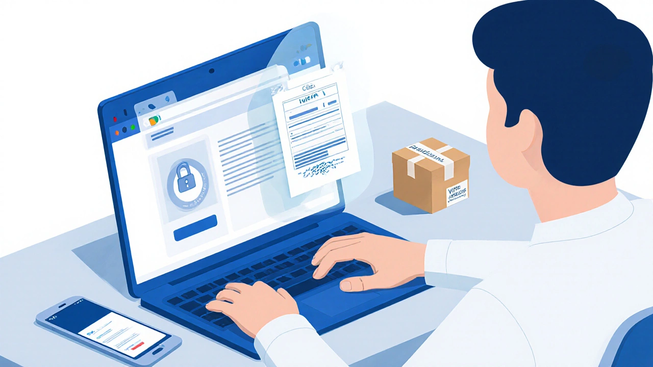 Illustration of a person ordering medication online with security icons and a scanned prescription.