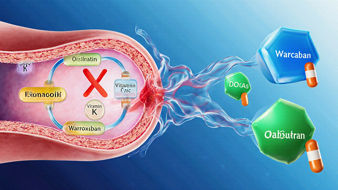 Illustration of blood vessel showing warfarin blocking vitamin K cycle and DOACs inhibiting clotting factors.