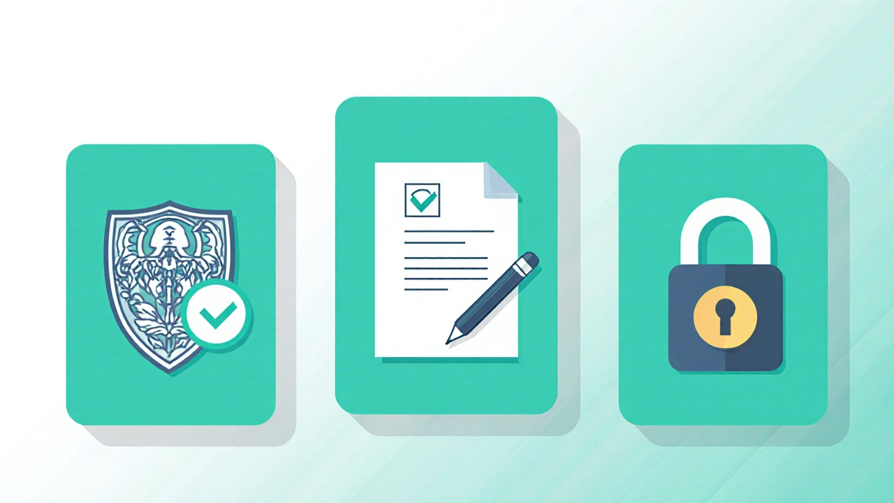 Illustration of three cards showing license check, prescription requirement, and HTTPS security icons.