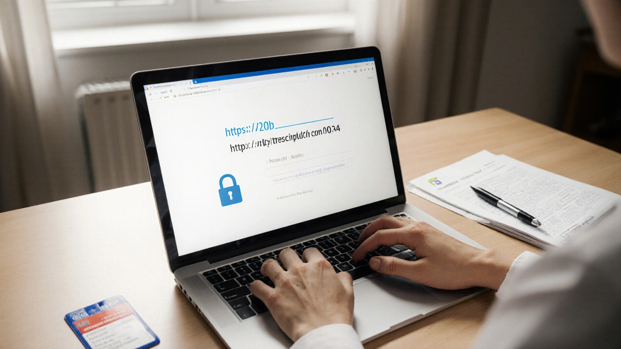Laptop showing secure lock and MHRA number next to a prescription and pharmacist badge.