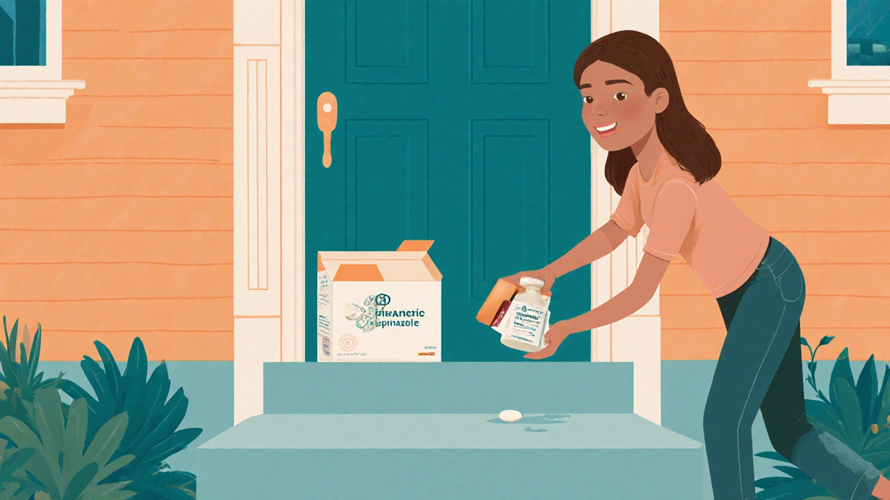 Package with medication delivered to a doorstep, patient reaching for it.