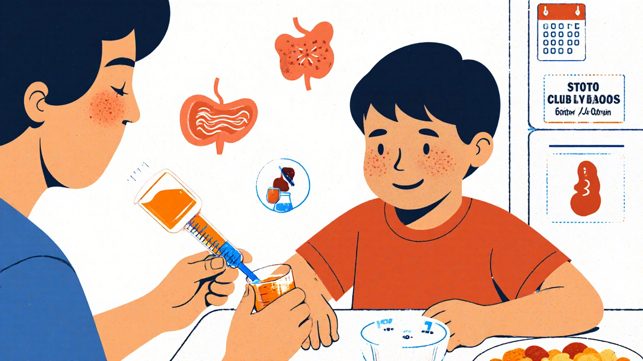 Parent measuring medicine for a child with icons of possible side effects.