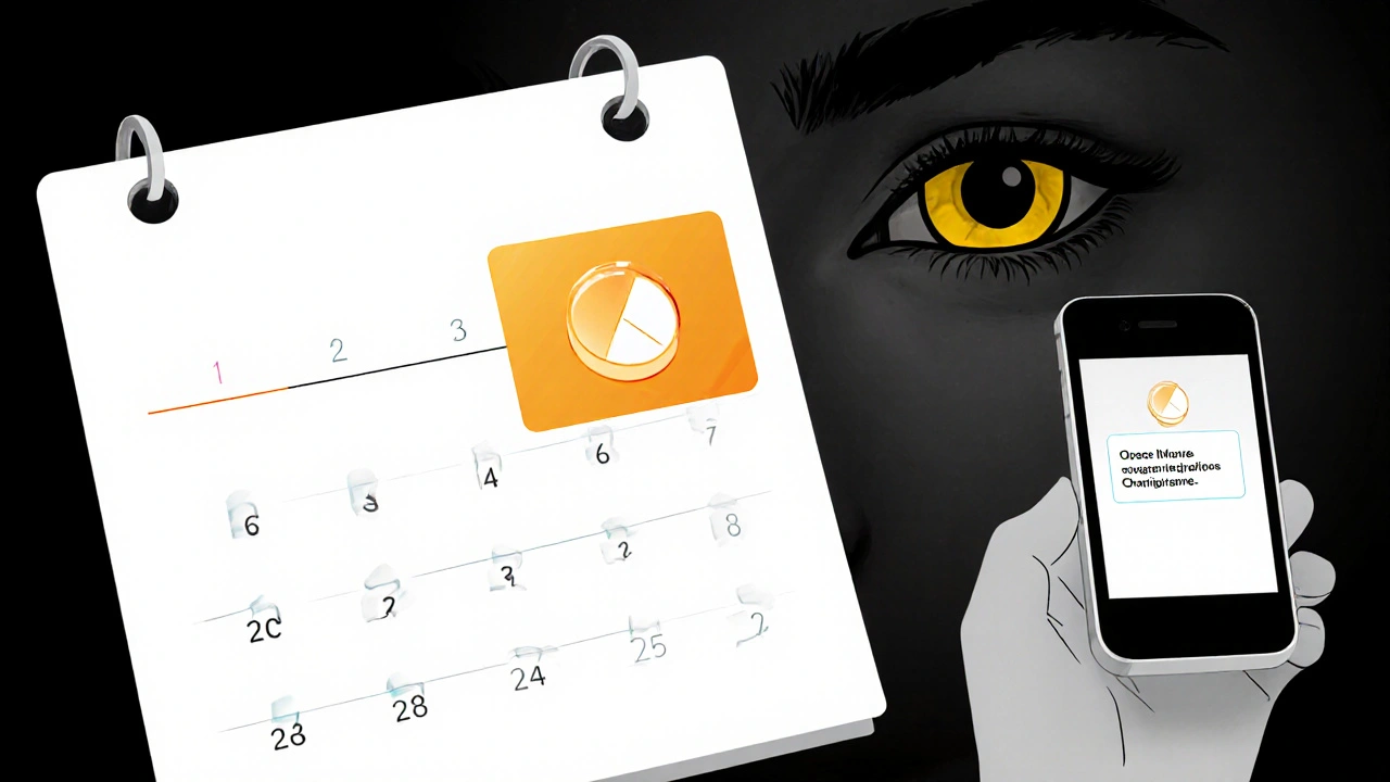 Patient's daily reminder calendar and phone alert with subtle jaundice hint.