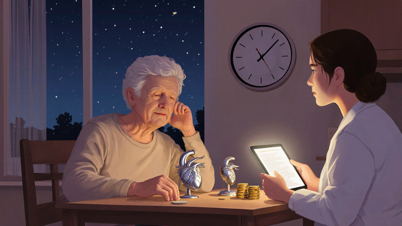 Patient and doctor discussing options, surrounded by kidney, heart valve, and coins symbols.