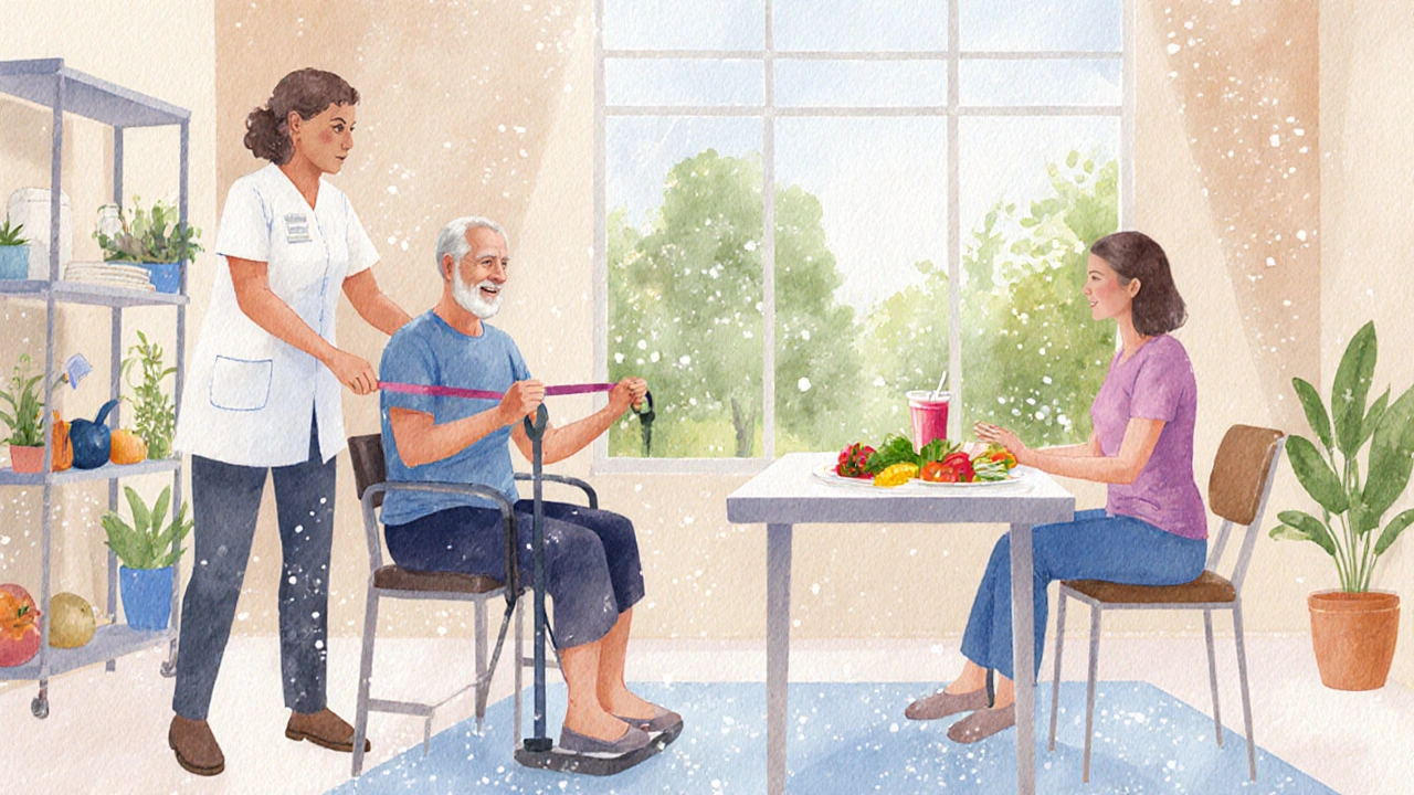 Patient doing gentle rehab exercises while a dietitian offers nutrition advice in a health centre.