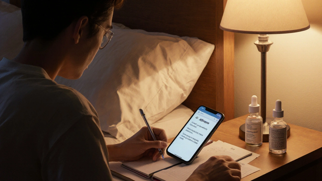 Patient logs symptoms at night with Alphagan and another drop bottle nearby.