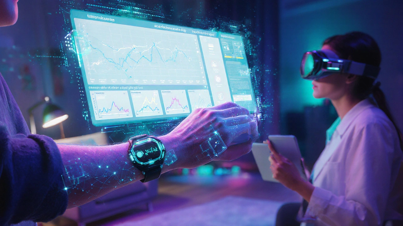 Patient wearing wearable sensors with holographic health data displayed in a futuristic home.