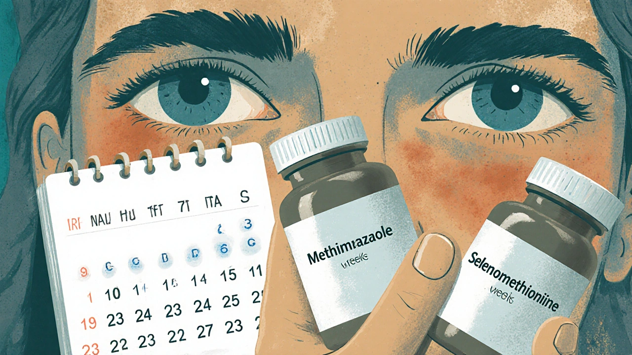 Patient with medication bottles and eyes improving over time in textured cartoon illustration.