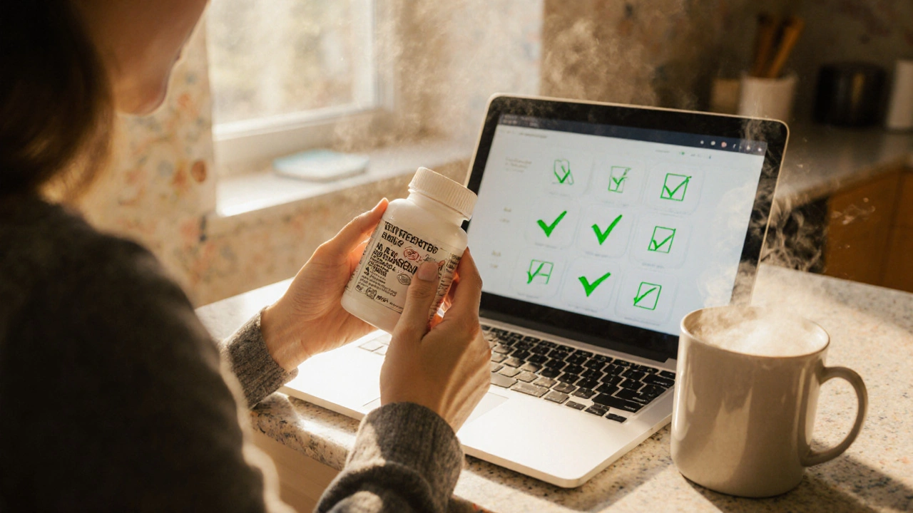 Person holding a gabapentin bottle beside a laptop with green checkmarks indicating a completed checklist.