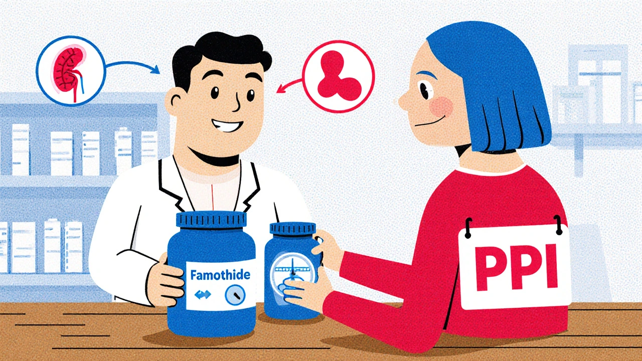 Pharmacist giving blue Famotidine and red PPI bottles to patient with safety icons nearby.