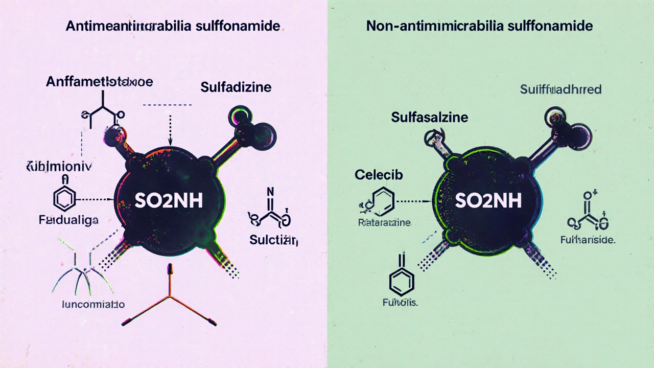 Side‑by‑side cartoon of antimicrobial vs non‑antimicrobial sulfonamide structures with drug icons.