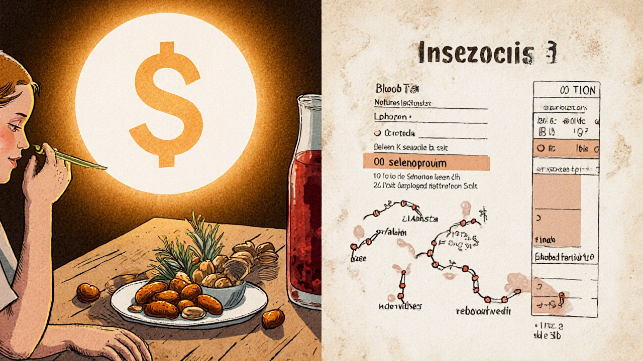 Split scene of selenium-rich foods and declining antibody levels with enzyme pathways in risograph style.
