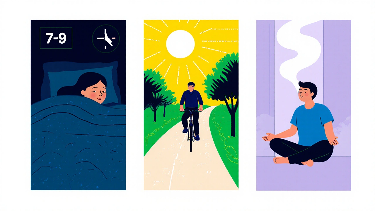 Split scene showing a person sleeping, exercising, and meditating as daily habits.