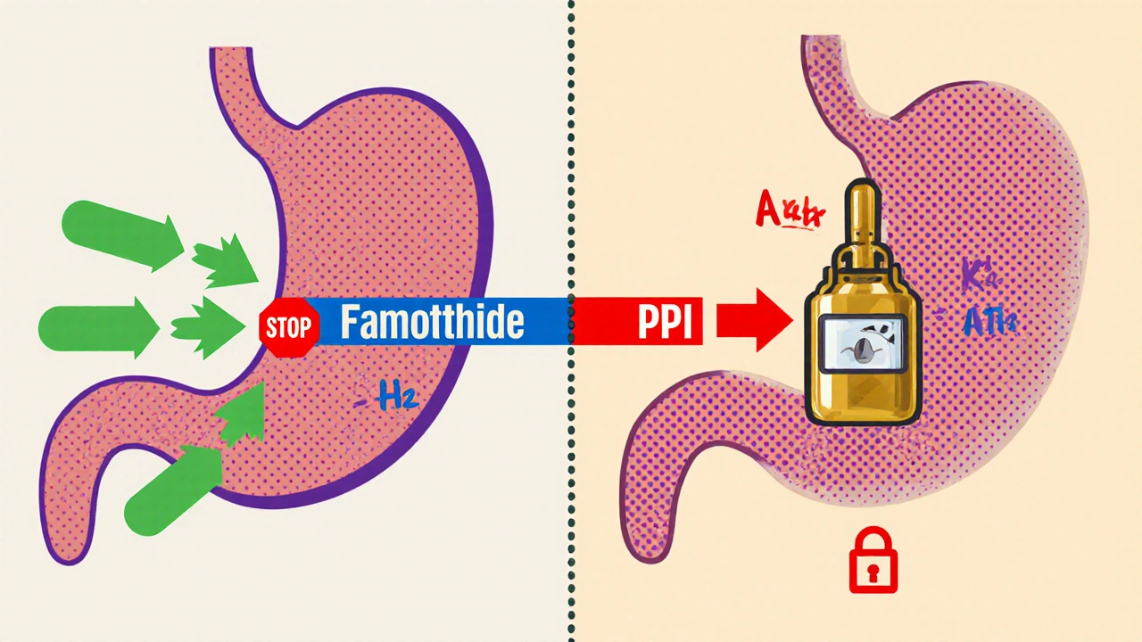 Split view of stomach cells showing Famotidine blocking H2 receptors and PPI inhibiting proton pump.
