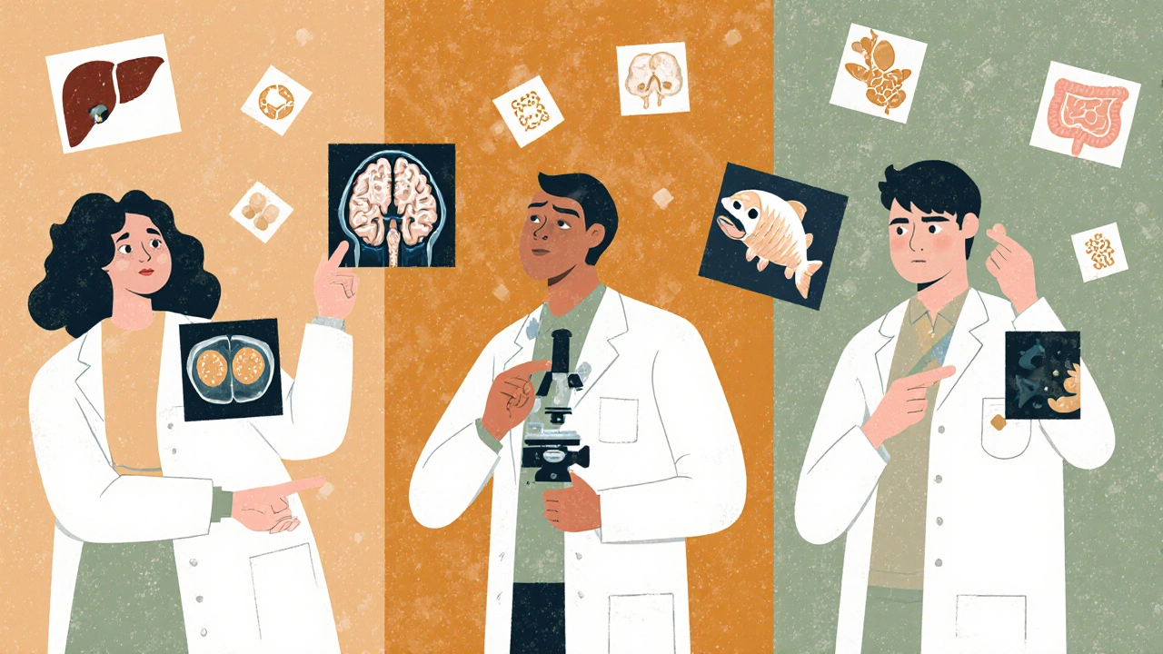 Three medical professionals pointing to different parasite infections with pill icons in risograph illustration