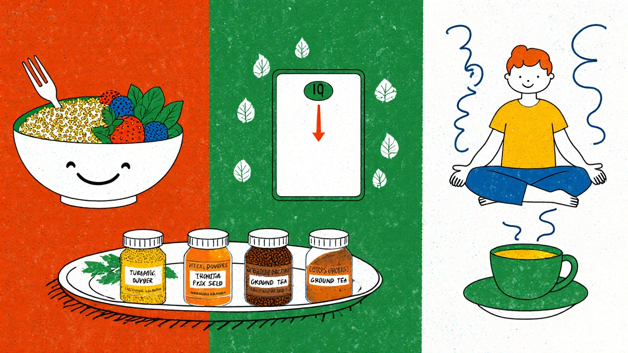 Three panels showing healthy foods, weight scale, meditation, and herbal supplements.