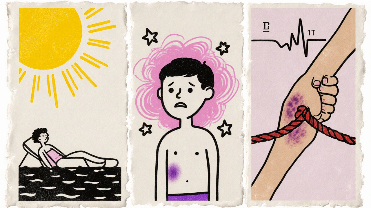 Three panels showing sun‑related photosensitivity, dizziness, and tendon rupture icons for different drugs.