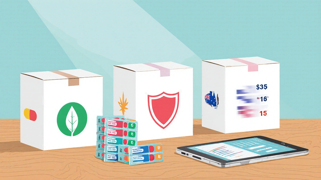 Three sealed boxes and blister packs on a table representing different online pharmacies.