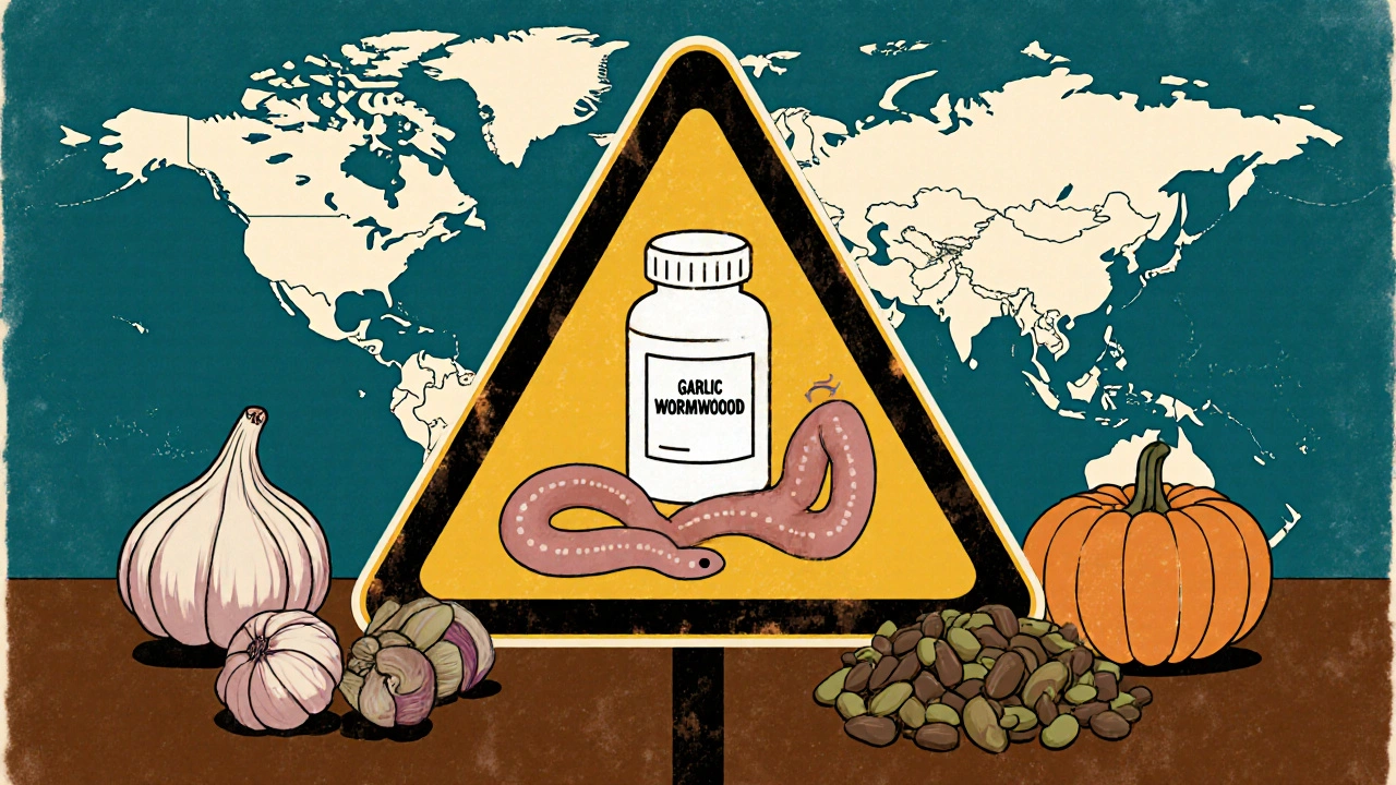 Warning sign with worm and herbal remedies crumbling beside a praziquantel bottle in risograph style