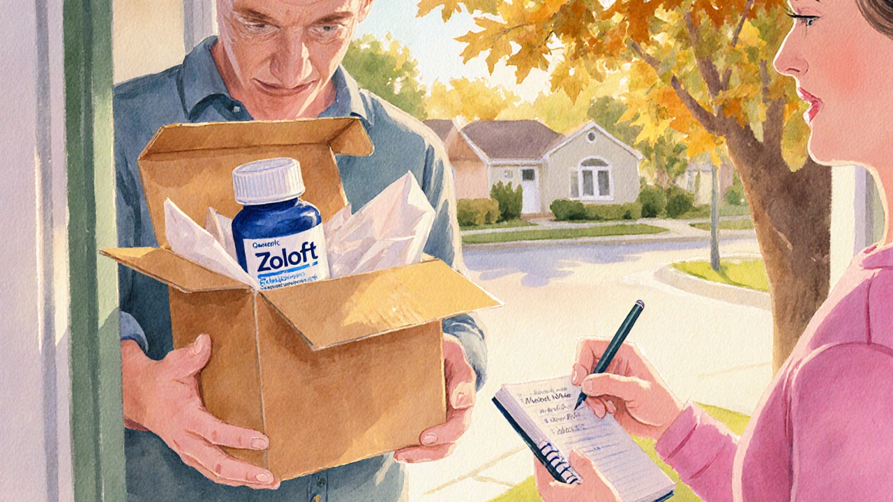 Watercolor of a person opening a parcel with Zoloft bottles, writing in a notebook at their doorstep.