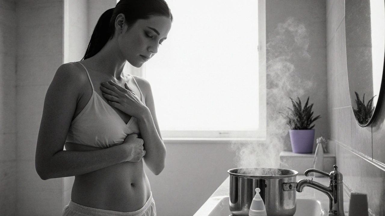 Woman patting dry after shower, wearing cotton briefs, with a sterilizing pot for a menstrual cup.