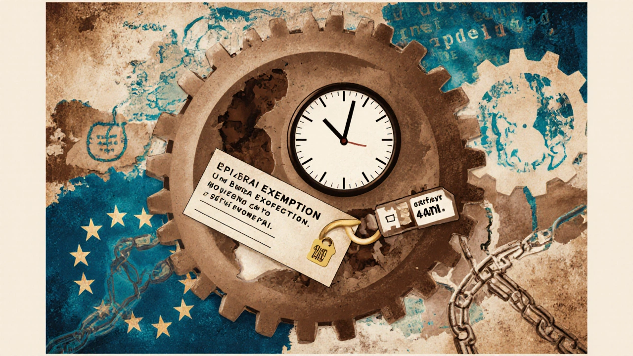 2025 EU pharma reforms visualized as a mechanical puzzle with turning gears, shortened clocks, and snapping supply chains in risograph tones.