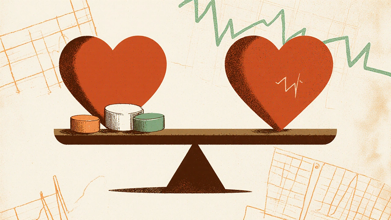 A balanced scale with heart and blood sugar meter, pitavastatin tipping it toward health, faint medical charts in background.