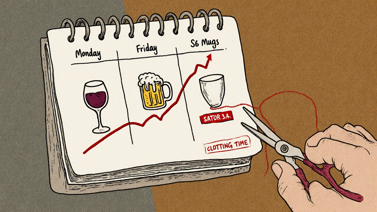 A calendar showing alcohol intake over three days, with a sharp spike in INR levels between Friday and Monday.
