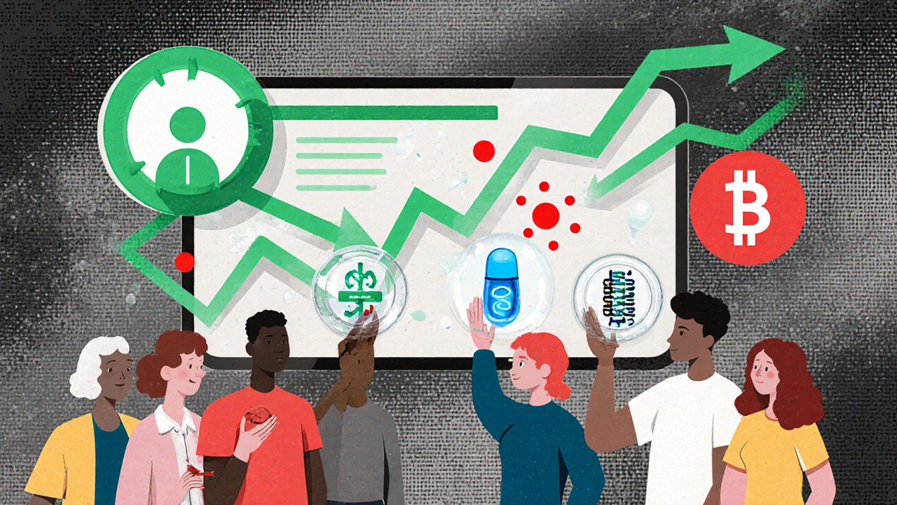 A digital medical dashboard showing AI analyzing side effects and rare genetic reactions with glowing gene strands in pills.